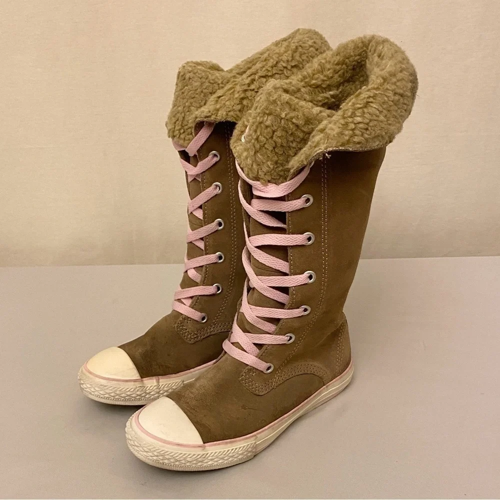 Converse Sharon Girls Youth Size 1 Tall Calf Sneakers Suede Beige Pink Shoes